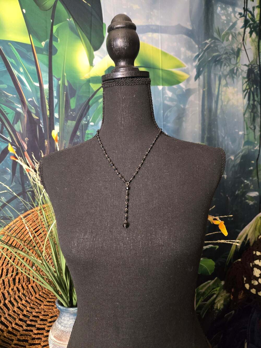 Black Crystal Bead Station Y-Necklace Lariat